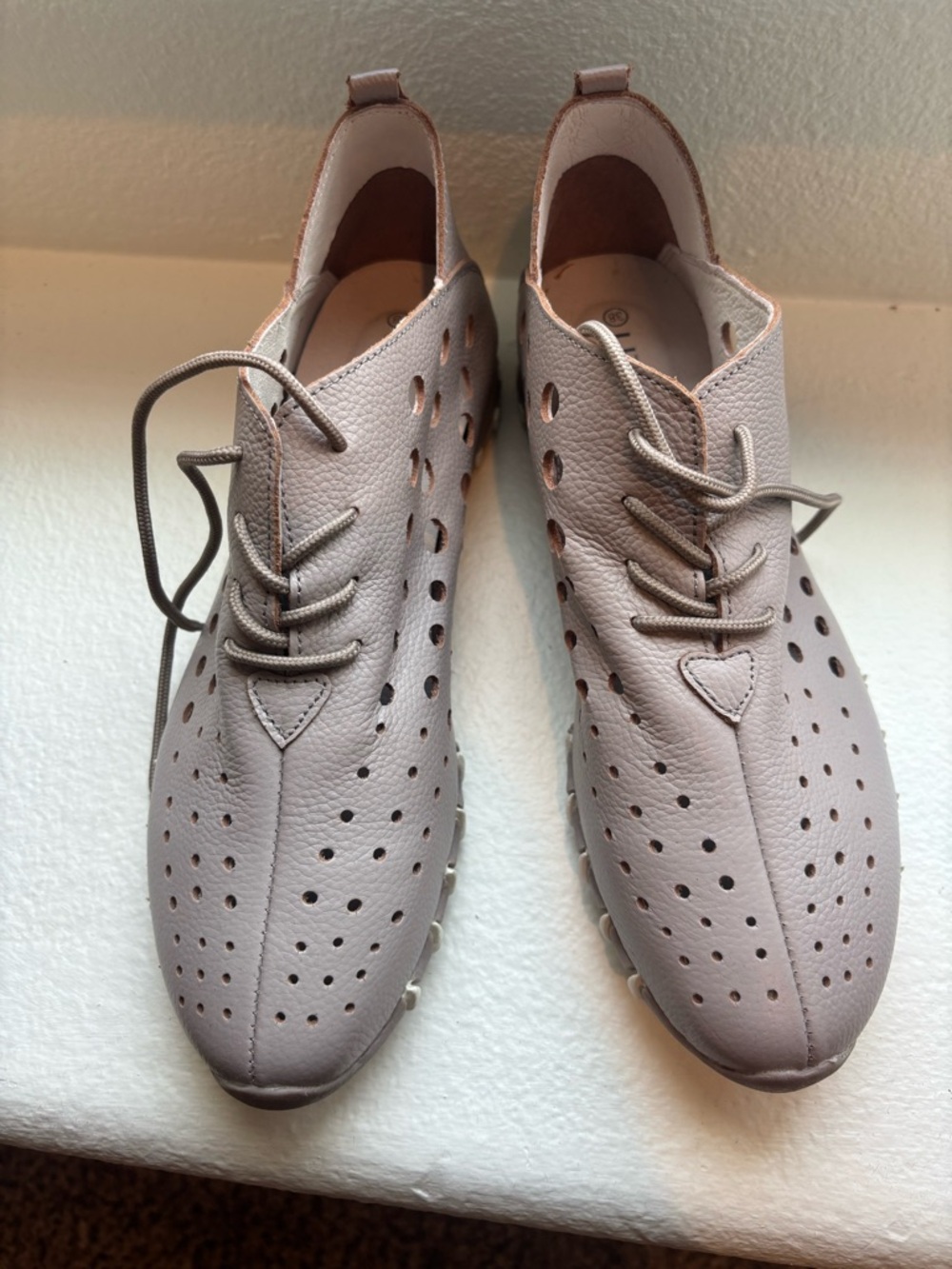Women's Perforated Leather Lace-Up Slip-Ons - Light Taupe
